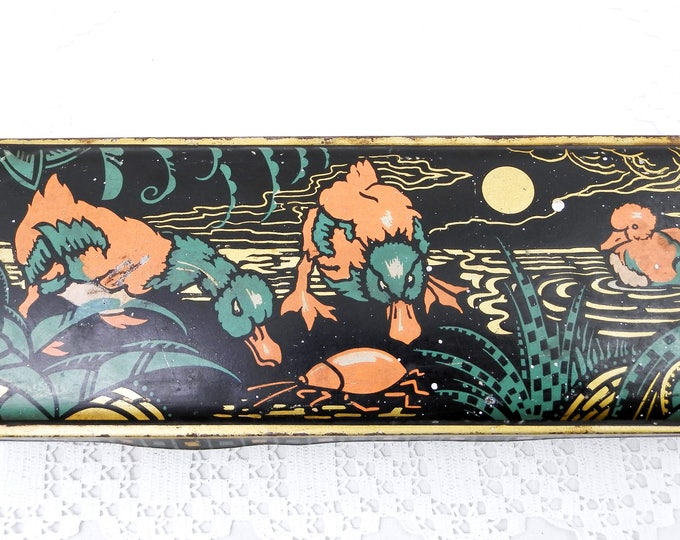 Antique French Art Deco Lithographed Black Rectangular Tin Box Decorated with Ducklings, 1930s Ducks and Mallards Pattern on Metal Candy Tin