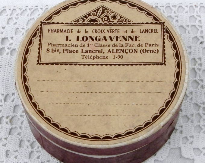 Vintage Apothecary Pharmacist Round Box from Alencon in Normandy France with Art Deco Design Sepia and Maroon Colored Cardboard 1930s