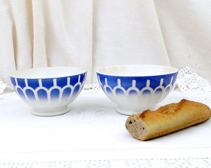Antique Large Blue and White Coffee Bowls with Scalloped Sides from France, French Farmhouse Ceramic Café au Lait Bowls, Country Latte Bowl