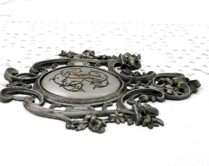 Vintage Ornate Neo Classical Silver Plated Cast Metal Plaque with Engraved Monogram L B, French Metal Decorative item with the Letters L B