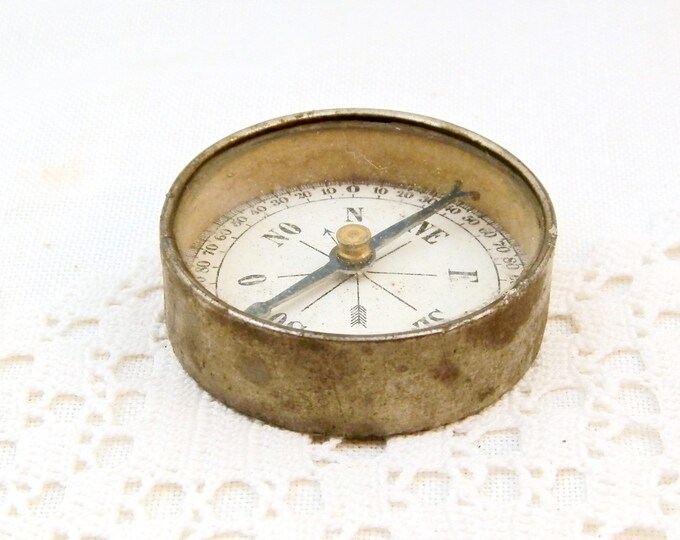 Small Antique Glass and Metal Framed French Compass and Mirror, Round Compass from France, Map Reading, Vintage Hiking Camping, Curios