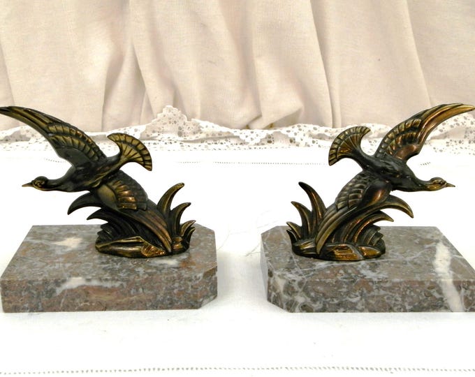 Antique French Art Deco Bronze Colored Metal Stylized Ducks on Marble Bookends, Bird Book Buttresses From France, Animal Book Supports