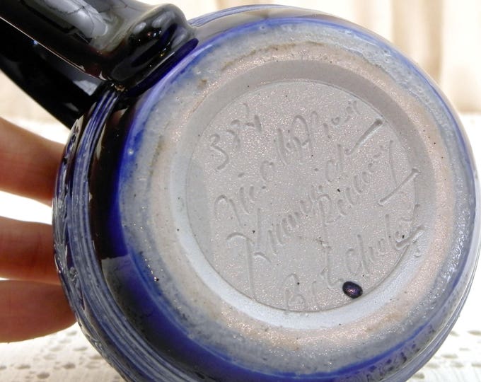 Small Handmade Vintage Ceramic Beer Mug with Sgraffito Hop Pattern in Blue Glaze, China Pot Belly Cup with Engraved Motif, Chopine a Biere