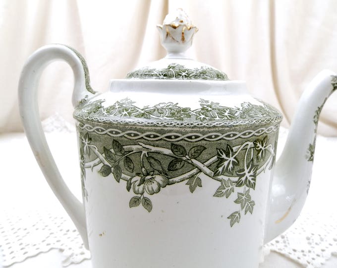 Antique French Victorian Ceramic Coffee Pot with Ivy and Wild Rose Pattern in Dark Green by Saint Amand et Hamage Estival, Pottery China Pot