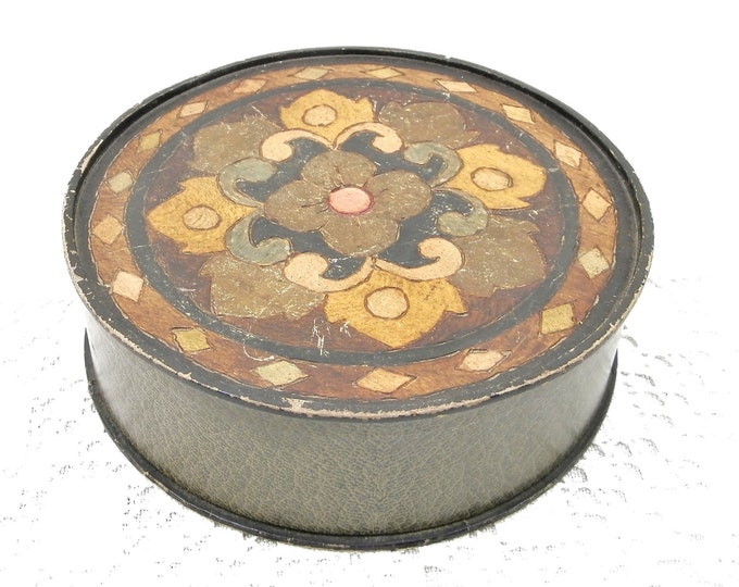 Large Round Vintage French Powder Box with Wooden Colored Pokerwork Top, Wood Burnt Pattern Make Up Container, Collectible Cosmetic