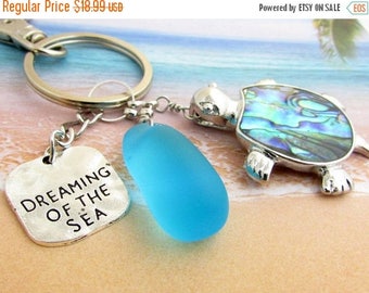 Sea Turtle Keychain, Sea Glass Keychain, Beach Glass Keychain, Beach Keychain, Car Accessories, Gift for Her, Abalone Shell Turtle, KY24