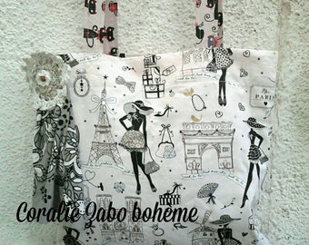 Tote bag coton toile "la parisienne chic"-tote bag femme fait-main-sac cabas tissu toile coton "Paris chic" cousu main