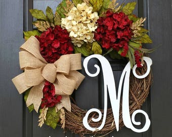 Fall Wreath,Hydrangea Wreath,Year Round Wreath,Front Door Wreath,Grapevine Wreath,Summer Wreath,Housewarming Gift,Burgundy,Farmhouse Wreath