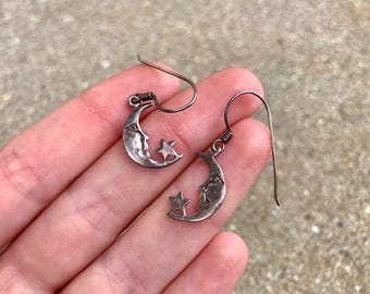 crescent moon star celestial dangle sterling silver vintage wiccan witch gypsy earrings