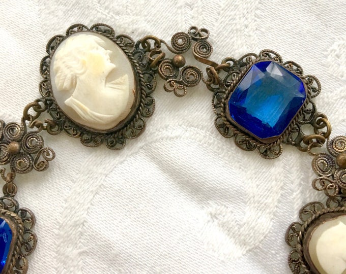 Antique Cameo Bracelet, Filigree Wire Work, Cobalt Glass Stones, Antique Cameo Jewelry