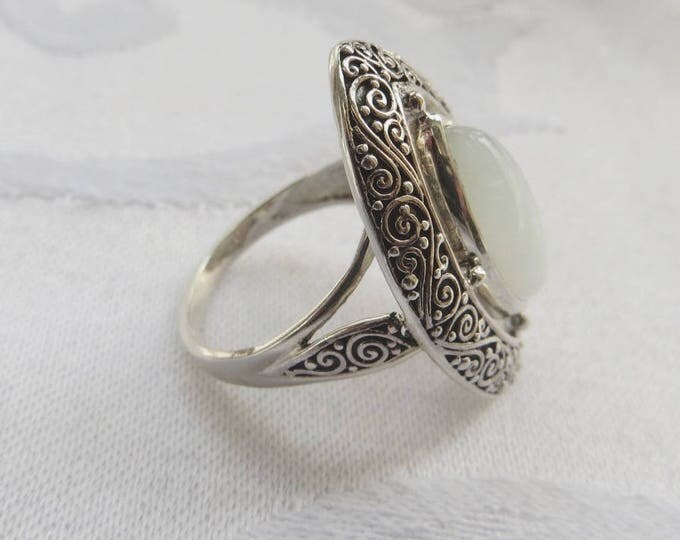 Sajen Moonstone Ring, Sterling Silver, Milky Moonstone Statement Ring, Vintage Bali Style Jewelry