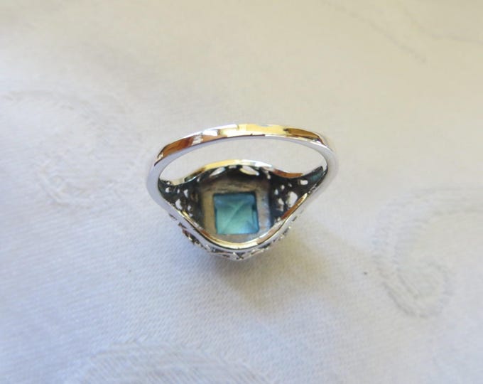 Vintage Aquamarine Ring, Sterling Silver Filigree. Cushion Cut Stone, Size 8