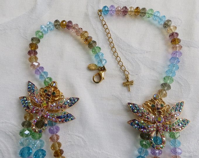 KIRKS FOLLY Necklace, Dragonfly Necklace, Dream of the Dragonfly, Rainbow Bead Necklace, Dragonfly Jewelry, Vintage Kirks Folly Jewelry