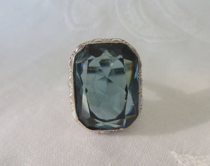 Sterling Spinel Ring, Blue Faceted Stone, Vintage Sterling Silver Ring, Size 3.75