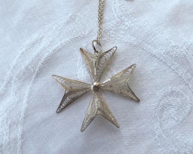 Vintage Maltese Cross Necklace, Sterling Cannetille, Silver Filigree Cross, 17" Chain