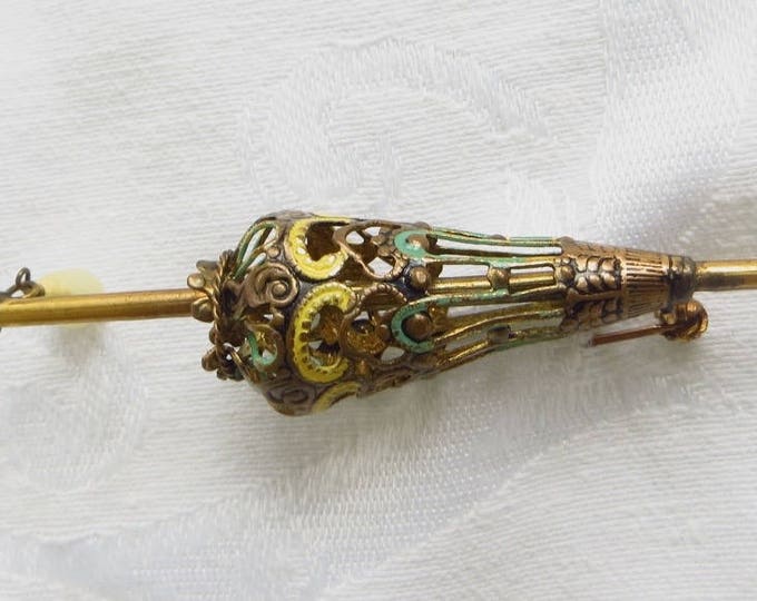 Vintage Umbrella Brooch, Enamel Pearl, Openwork Figural Umbrella Pin, Vintage Czech Jewelry