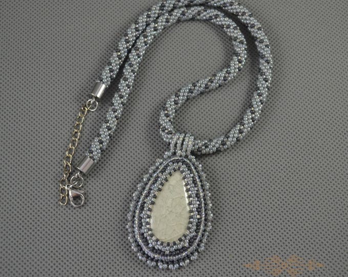 gray cameo necklace, victorian necklace, seed bead necklace, ceramic necklace, statement necklace, stone necklace, beadwork necklace, women