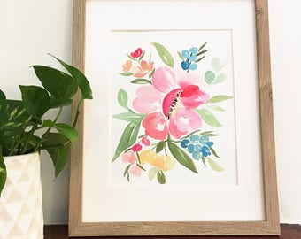Bright pink watercolor floral | Original watercolor painting | One of a kind | Only one available | 8x10