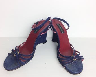 Vintage 80s Sandals/ 80s Dark Wash Denim Wedge Sandals/ Size 8