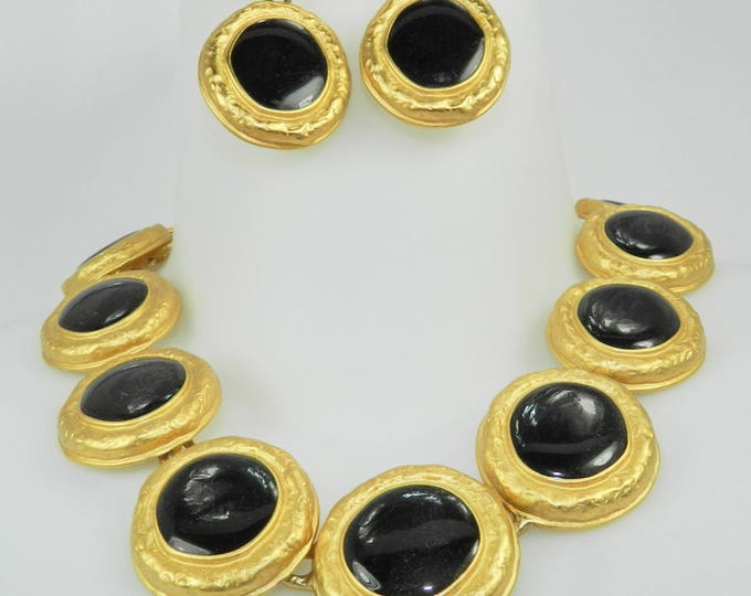 Signed Talbot Necklace Earrings Set, Vintage Talbot Jewelry Jewellery, Black Gold Statement Runway Jewelry, 1980s Retro Runway, Gift