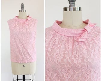50s Pink Lace Blouse / 1950s Vintage Top Shirt / Large / Size 10