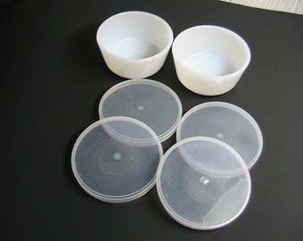 Anchor Hocking Fire King Custard Bowls with Extra Lids, Set of 2, White Milk Glass