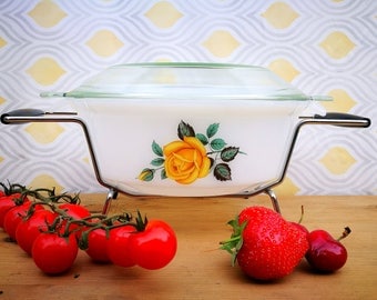 Casserole dish, Phoenix Glass Yellow Rose oven to table casserole dish with lid and stand, Milk glass like Pyrex / Arcopal, Vintage kitchen
