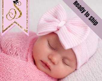 Newborn Hospital Hat Bow Baby Girl Hospital Hat Beanie with Bow – PINK