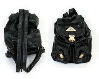 Vintage 90s Backpack / 90s Black Backpack / Eco Leather Backpack / Grunge Bag / Drawstring Backpack /
