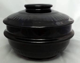 Vintage Black Stoneware Ribbed Covered Dish, Small Pottery Bowl