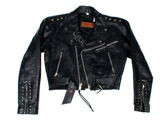 Spiked Leather Jacket with Cropped Motorcycle Fit Punk Metal
