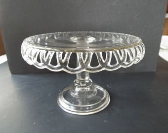 vintage clear pressed glass scalloped edge cake stand pedestal 8.5" x 5.5"