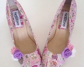 Liberty shoes, bridal shoes, liberty gallymoggers, wedding shoes, customised shoes, felt flowers, ladies shoes, low heel shoes, size 3-9 uk