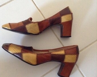 Vintage 1960s Leather Reptile Embossed Patchwork Heels Mod Lady McQuire