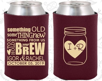 Wedding Can Coolers (C01) Mason Jar - Something Old Something New - Personalized Can Coolers, Custom Beer Can Coolers, Wedding Favors