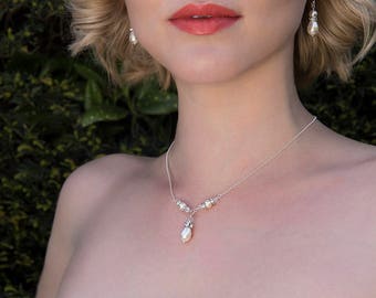 Pearl drop bridal necklace, Swarovski wedding necklace, pearl bridesmaid necklace - Vita