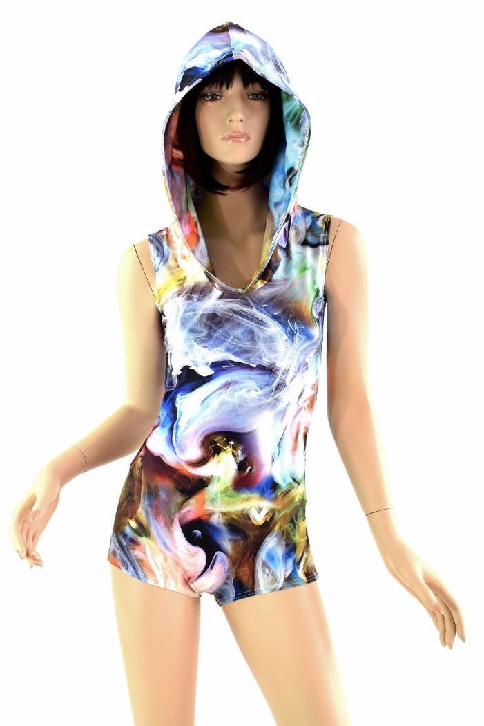 Swirling Smoke Print Sleeveless Bodysuit Hoodie Romper with