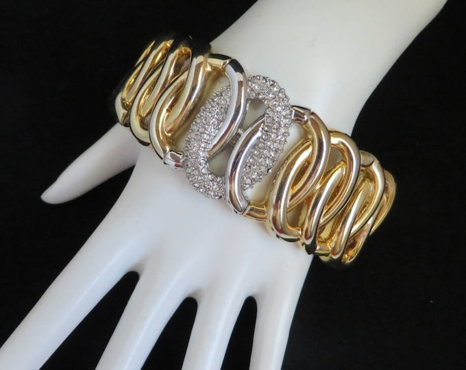 Goldtone Stretch Bracelet, Wide Expansion Bracelet, Rhinestone Studded Bracelet, Link Bracelet, FREE SHIPPING