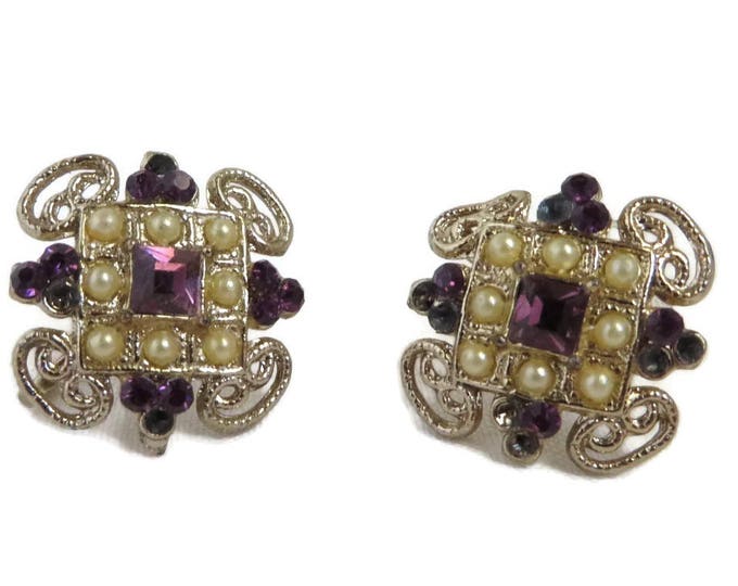 Rhinestone Earrings | Vintage Jewelry | Faux Pearl Screwback Earrings | Signed Coro, Gift For Her