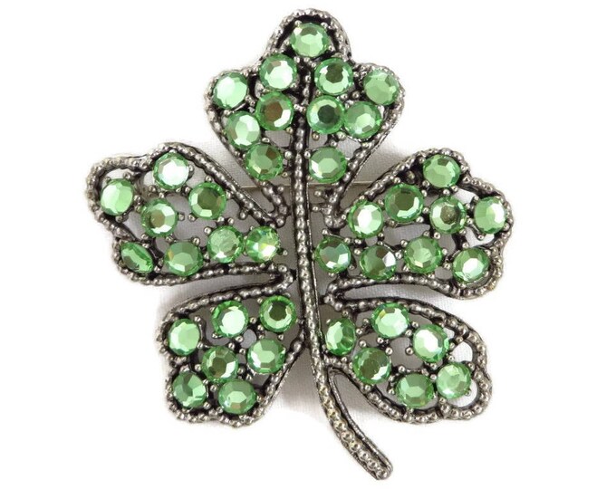 Rhinestone Shamrock Brooch - Vintage Weiss Emerald Green Rhinestone Silver Tone Brooch, Gift idea, Gift Box
