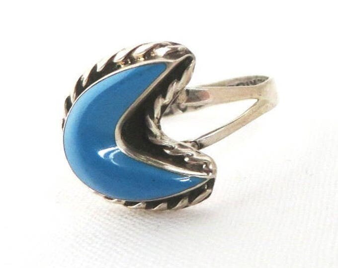 Vintage Turquoise Crescent Ring, Mexico Sterling Silver Braided Ring, Size 7