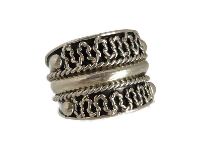 Mexico Sterling Silver, Cigar Band Ring, Vintage Sterling Silver Scrolled, Braided Wide Band Ring, Size 8