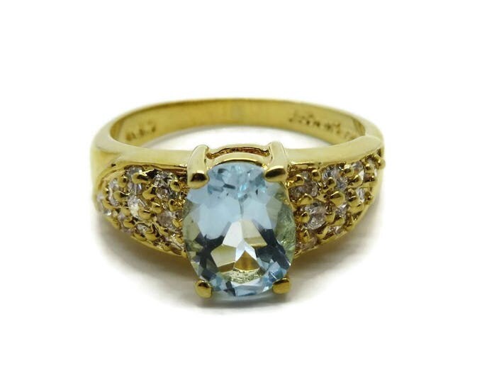 Blue CZ Cocktail Ring - Vintage Lind Cocktail Ring - 14Kt Gold Plated Dinner Ring, Size 10, Gift For Her