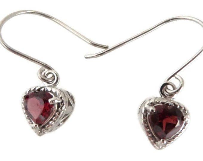 Vintage Garnet Heart Earrings, Sterling Silver Dangling Pierced Earrings, Bridal Jewelry, Valentine's Day Gift