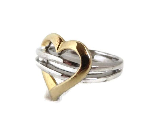 Sterling Silver Heart Ring, Vintage Two Tone Silver Ring Size 6.75-7, Valentine's Day Gift