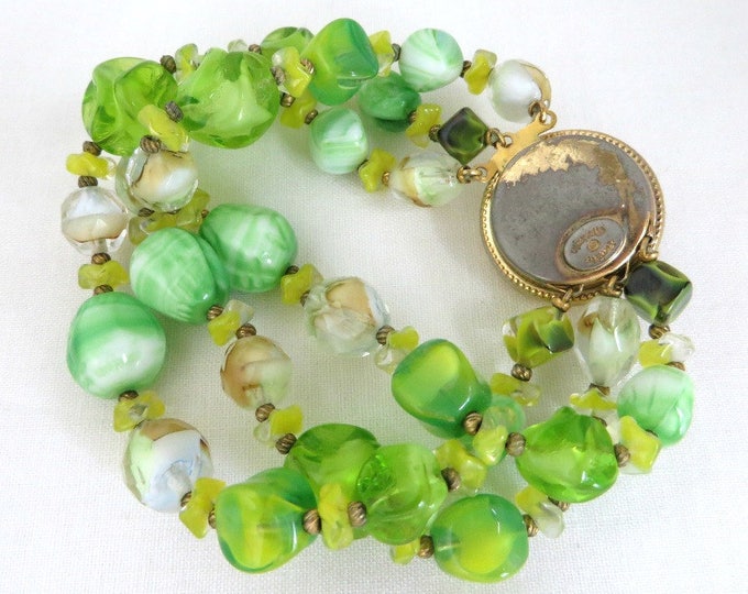 Vintage Bracelet - Hattie Carnegie Crystal Bracelet, Three Strand Green Glass Bracelet, Designer Signed Bracelet