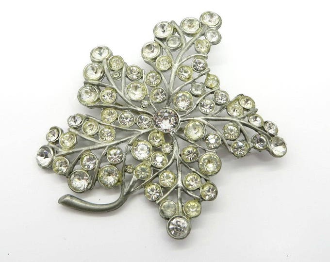 Rhinestone Leaf Brooch, Vintage Silver Tone Rhinestone Large Leaf Pin, 1950s Jewelry Gift for Her
