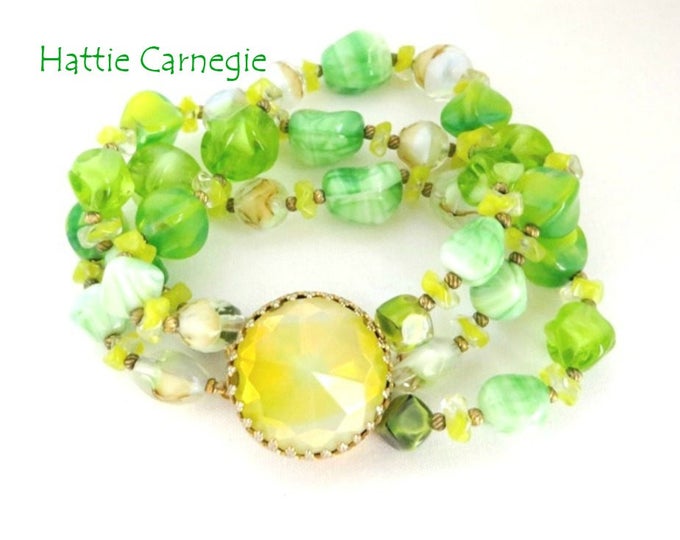 Vintage Bracelet - Hattie Carnegie Crystal Bracelet, Three Strand Green Glass Bracelet, Designer Signed Bracelet