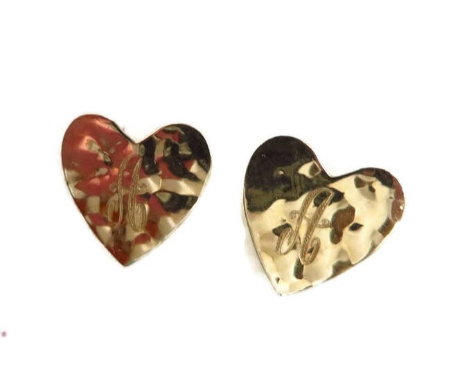 14K Gold Heart Earrings, Initial A Pierced Stud Hammered Gold Earrings