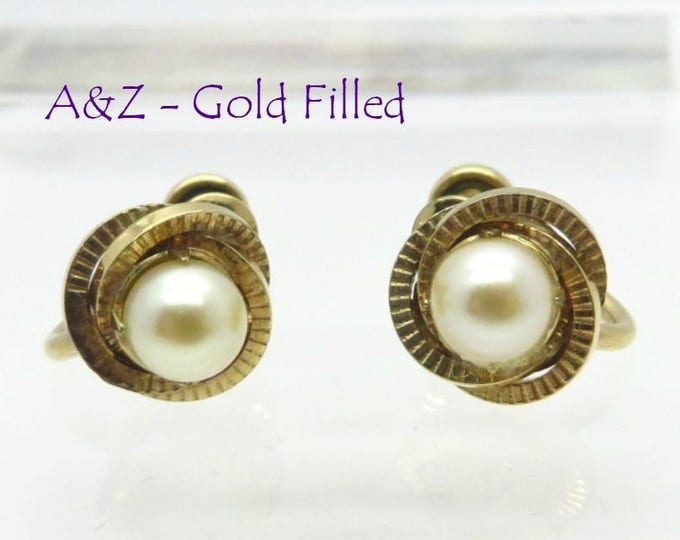 Pearl Earrings, Vintage Faux Pearl Screwback Earrings, 1/20 12Kt Gold Filled, Signed A&Z Earrings, Gift idea